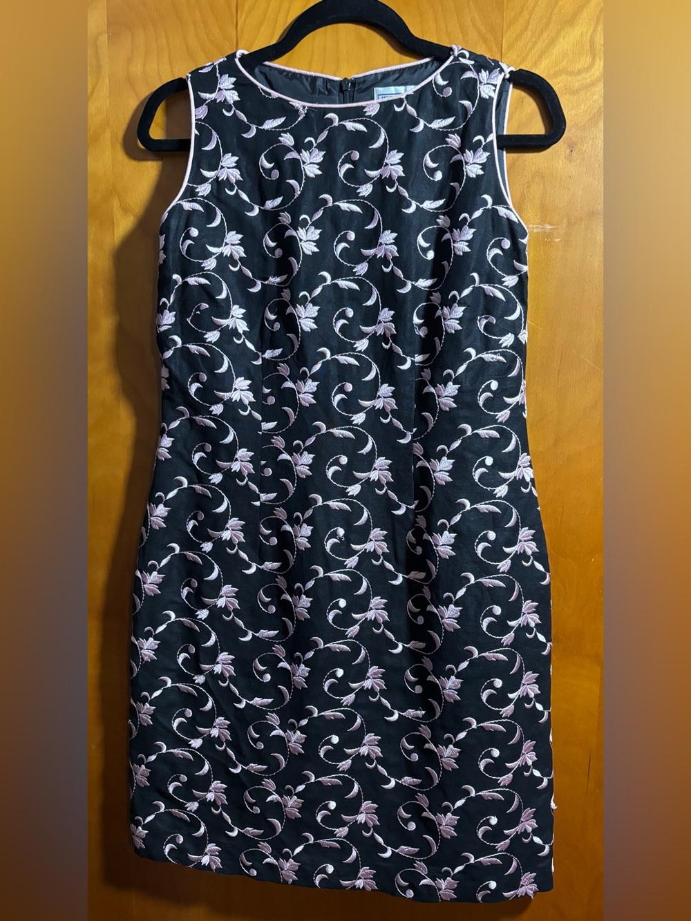 Sleeveless Black Dress with Pink Floral Embroidery, Size 6